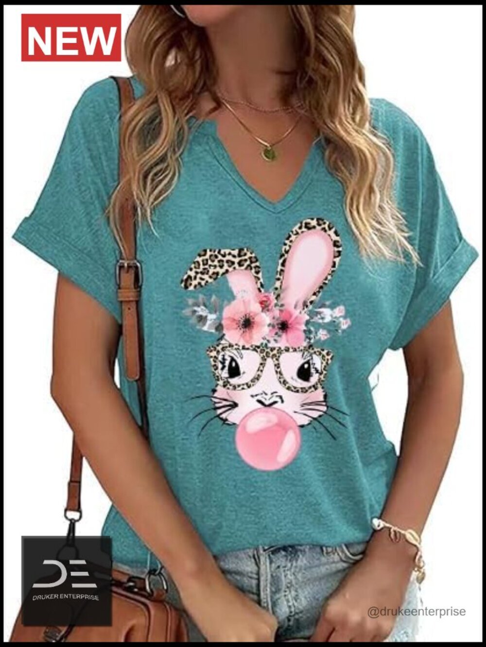 Happy Easter Bunny Graphic V-Neck Tee Short Sleeve Cotton Blend Blouse
